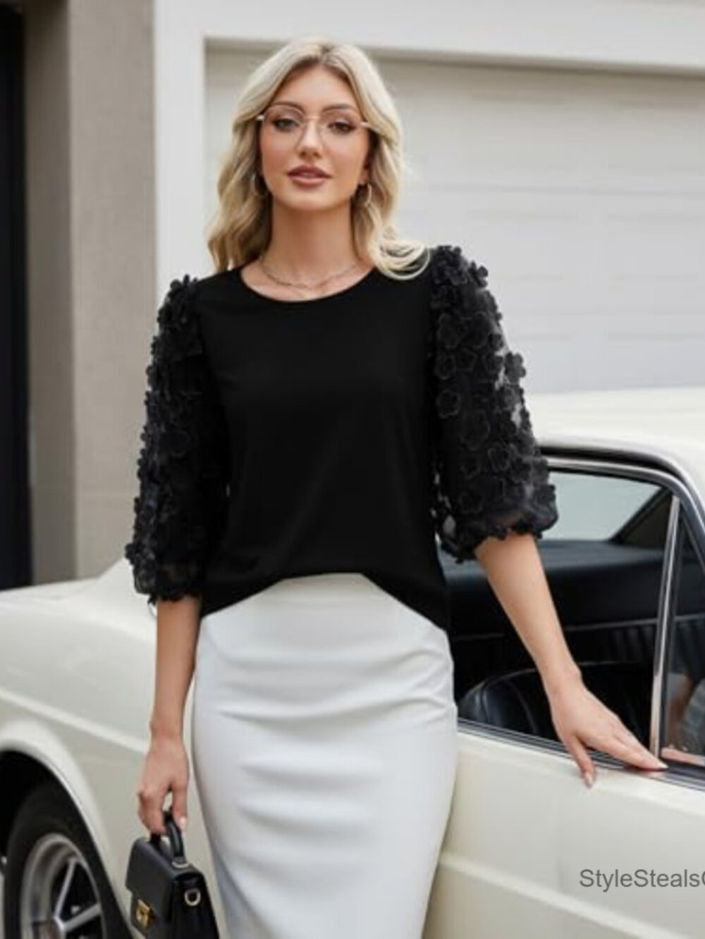 Cotton Blend 3/4 Puff Sleeve Crew Neck Blouse with Mesh Appliques - Picture 4 of 6